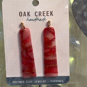 Red Marbled Polymer Clay Drop Earrings with Gold Accents